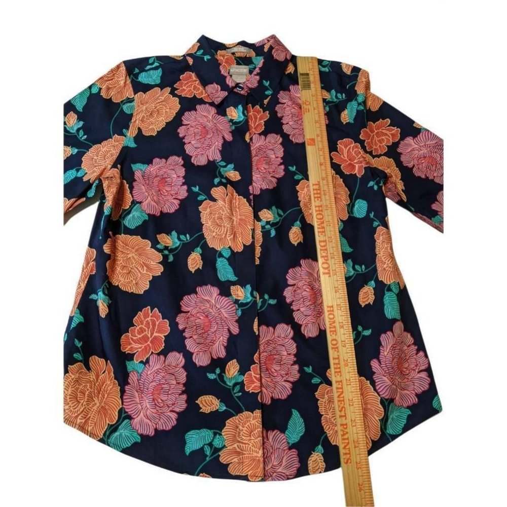 Chicos Womens Button Front Blouse Multicolor Floral 3/4 Sleeve No Iron Size 0 (4 - Picture 7 of 11